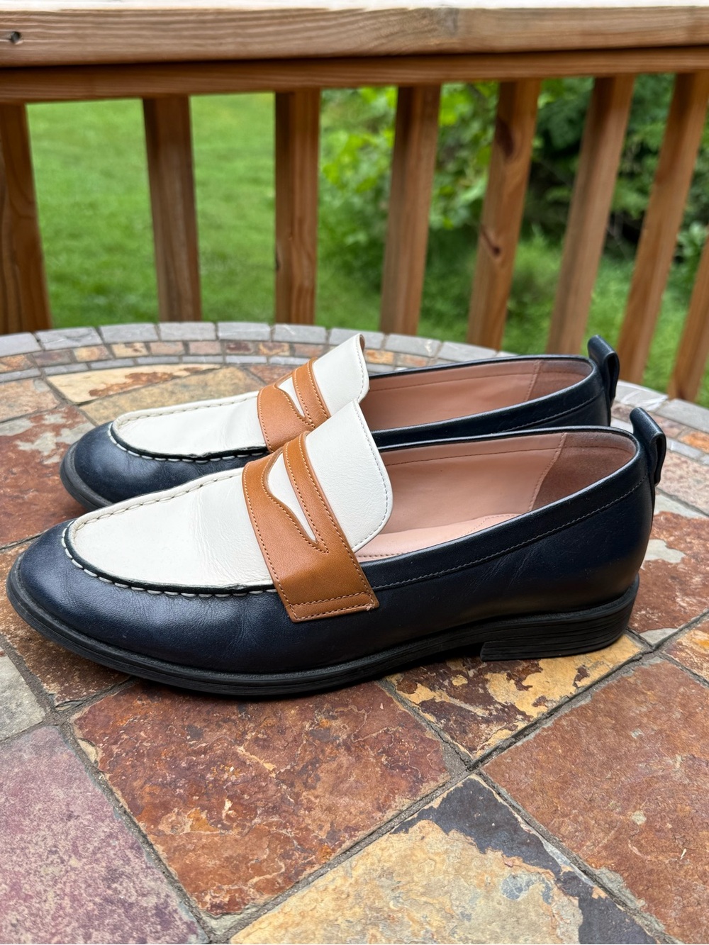 Cole Haan Women’s Leather Penny Loafers in Navy, White & Brown